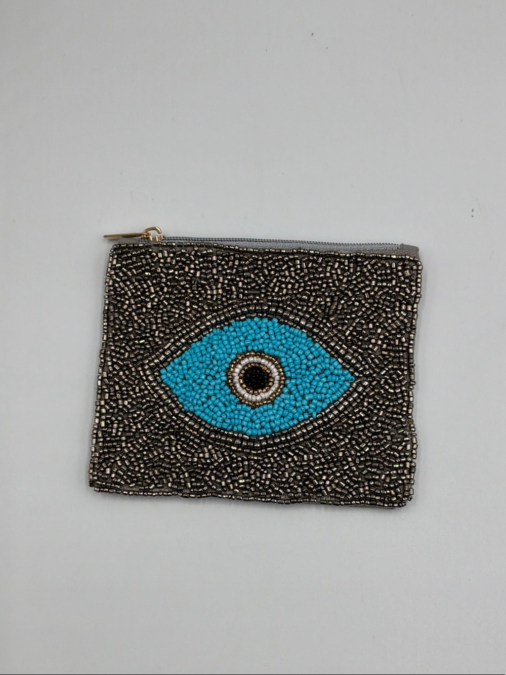 Hand-Beaded Evil Eye Pouch - Turquoise/Grey - Picture 1 of 3